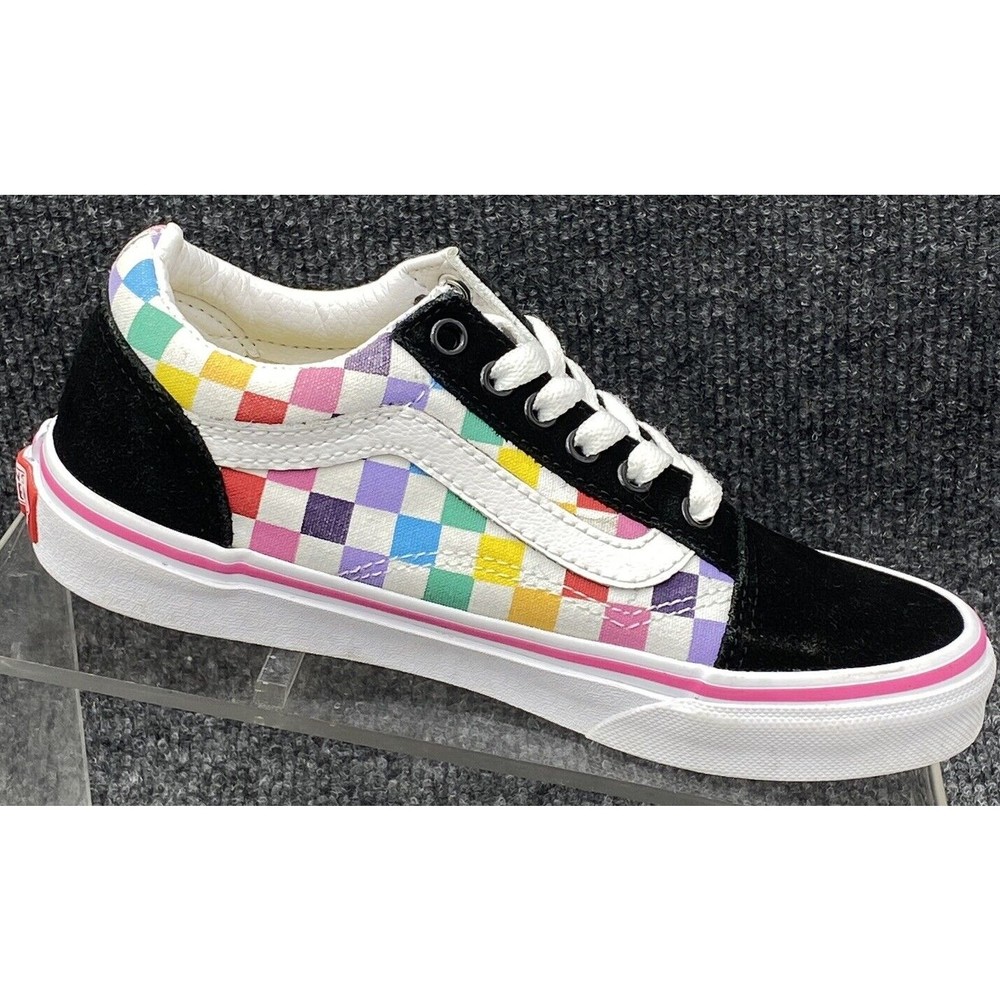 Vans Old Skool Checkerboard Kids Size 2 Skate Shoes Rainbow Low Top Lace Up - Picture 2 of 9